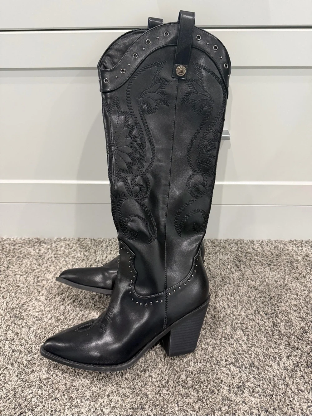 TOP Moda Black Pointed-Toe Studded Western Knee Boots - Picture 2 of 10